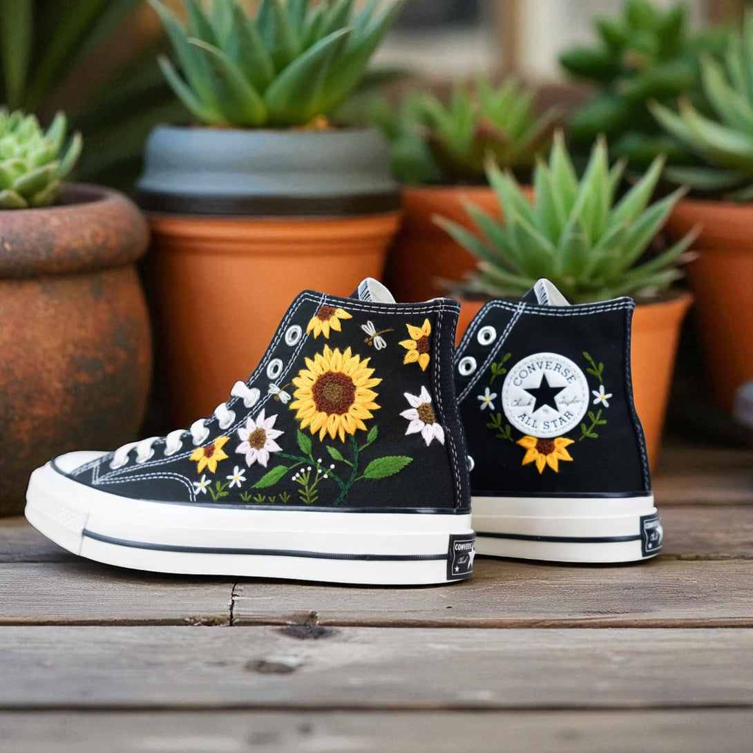 Personalized Sunflower Sneakers by Stitchery Zone black embroidered high top shoes with floral designs