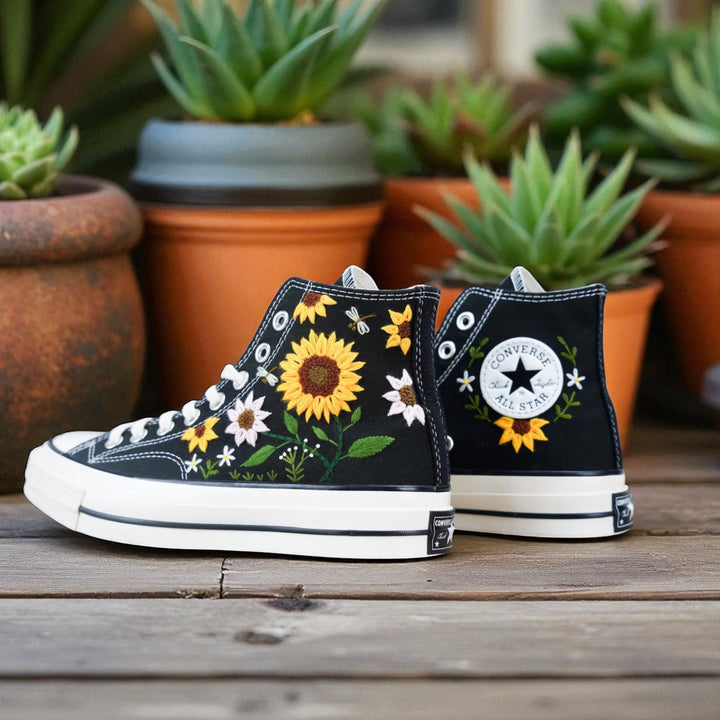 Personalized Sunflower Sneakers by Stitchery Zone black embroidered high top shoes with floral designs