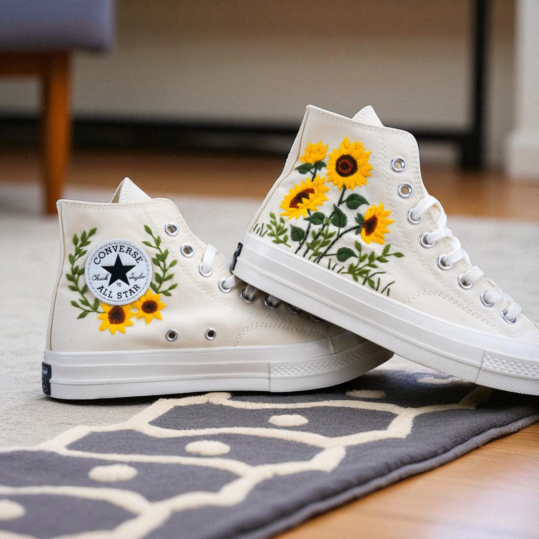 Stitchery Zone personalized sunflower sneakers white embroidered high top shoes with sunflower design