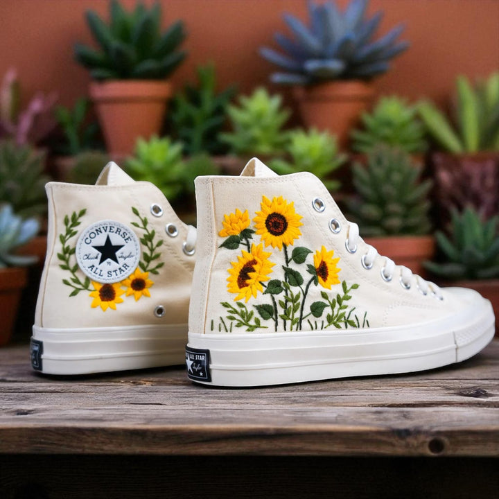 Personalized Sunflower Sneakers by Stitchery Zone with embroidered yellow sunflowers on white high-top shoes