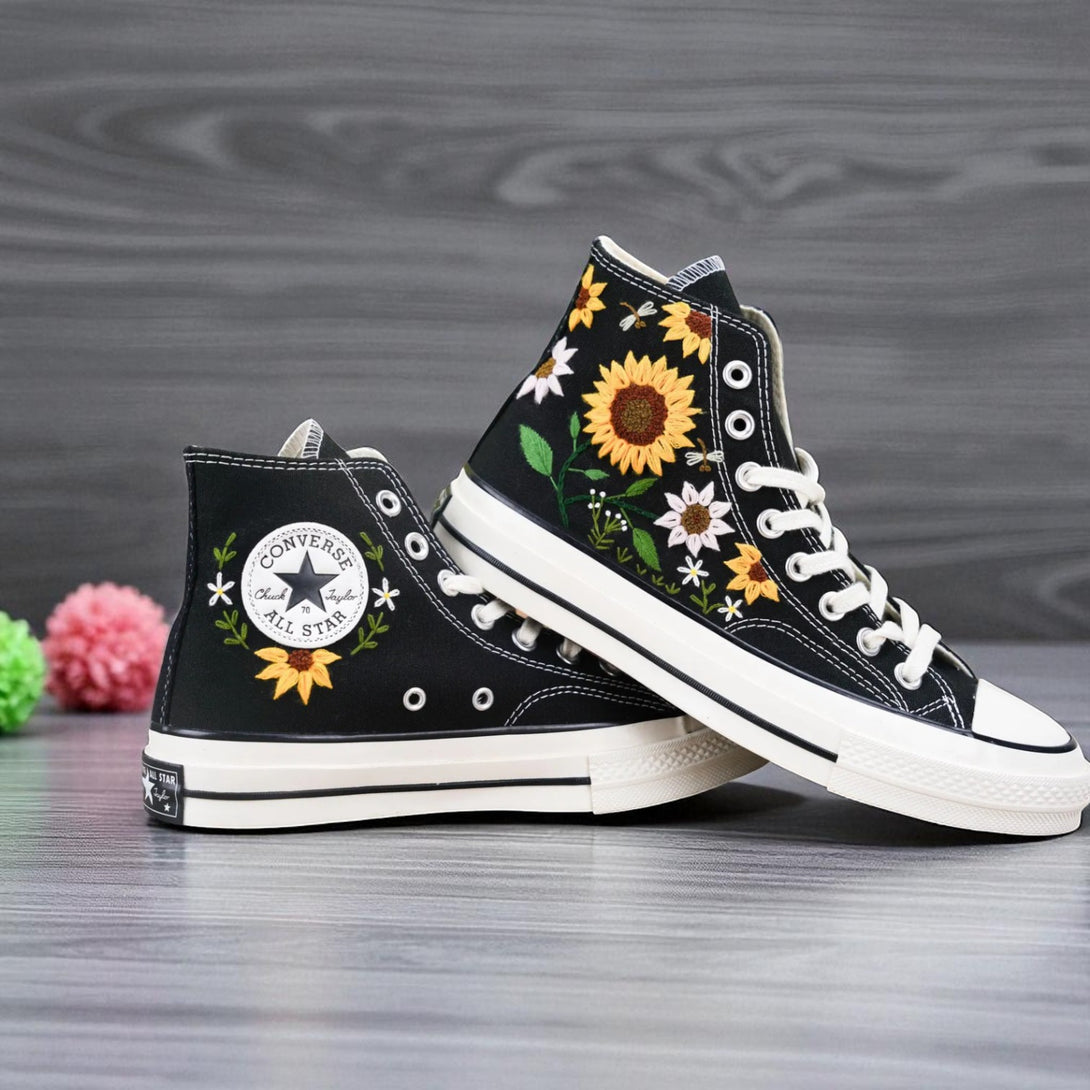 Stitchery Zone Personalized Sunflower Sneakers black high-top embroidered shoes with sunflower design