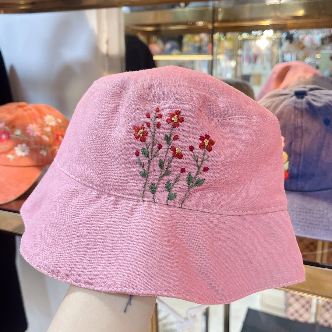 Pink flowers Embroidered Linen Baby Hat by Stitchery Zone, soft pink fabric with delicate floral embroidery
