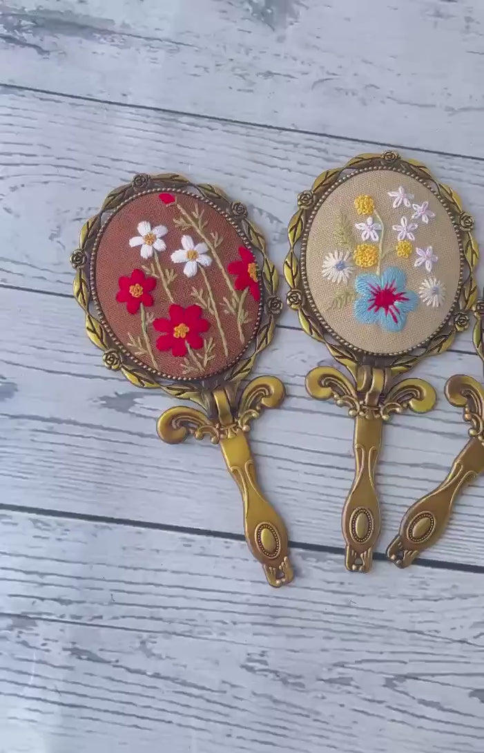 Flower Embroidery mirror with handle