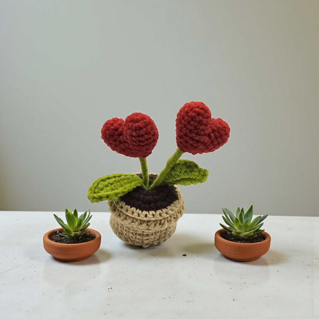 Red heart crochet pot featuring two plush hearts and green leaves in a natural woven container