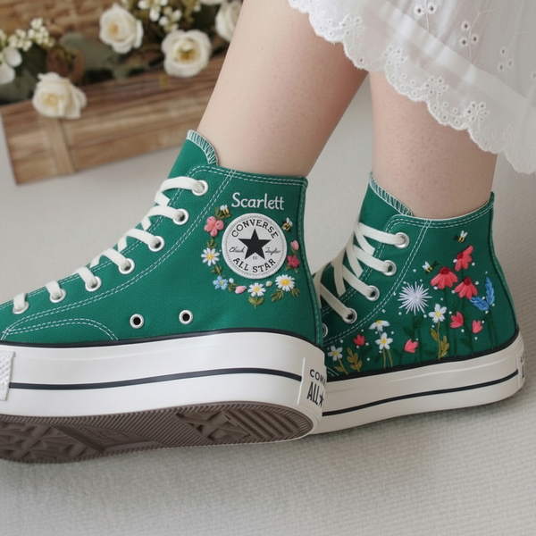 Floral Embroidered Dark Green Converse High Tops
