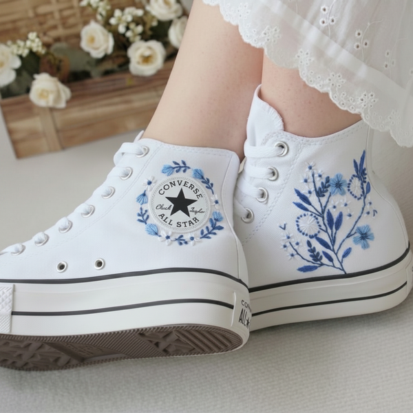 Converse Hand-Embroidered Blue Flower High-Top Sneakers