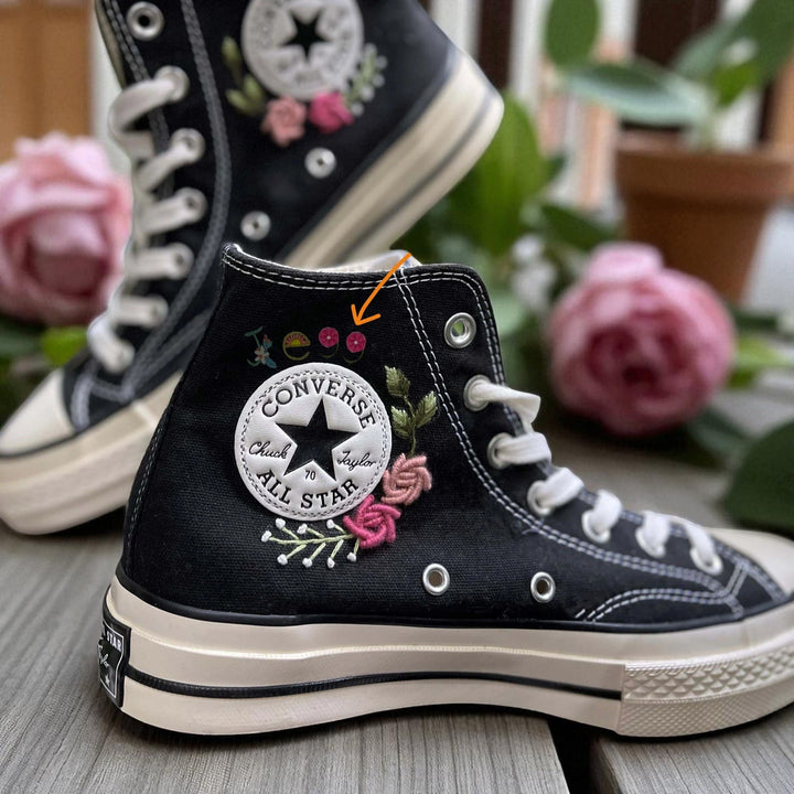 Stitchery Zone black high-top Roses Flower Embroidered Sneaker with red mushroom design on side