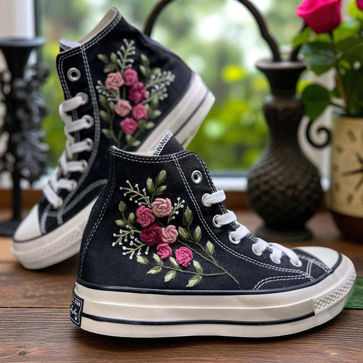 Roses Flower Embroidered Sneaker by Stitchery Zone with detailed mushroom and floral embroidery on green high-top canvas shoes