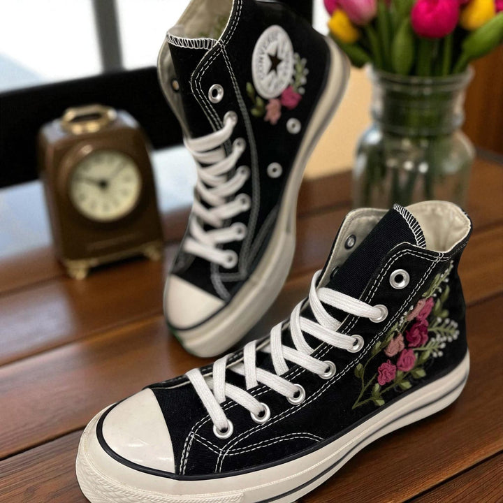 Stitchery Zone Roses Flower Embroidered Sneaker in yellow with detailed mushroom and floral embroidery