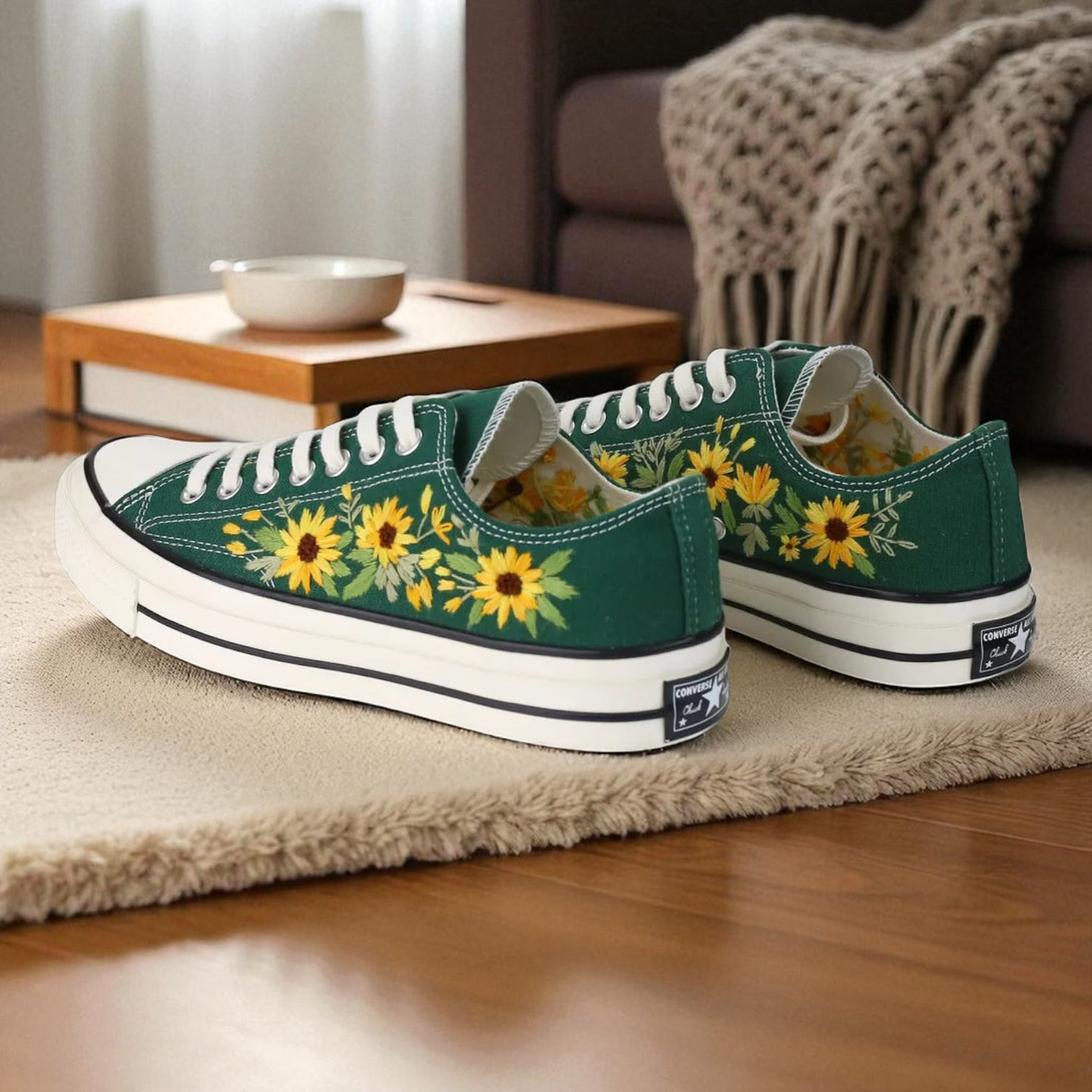 Green sunflower embroidered sneakers by Stitchery Zone shoes for fall wedding Sunflower Embroidered Sneakers
