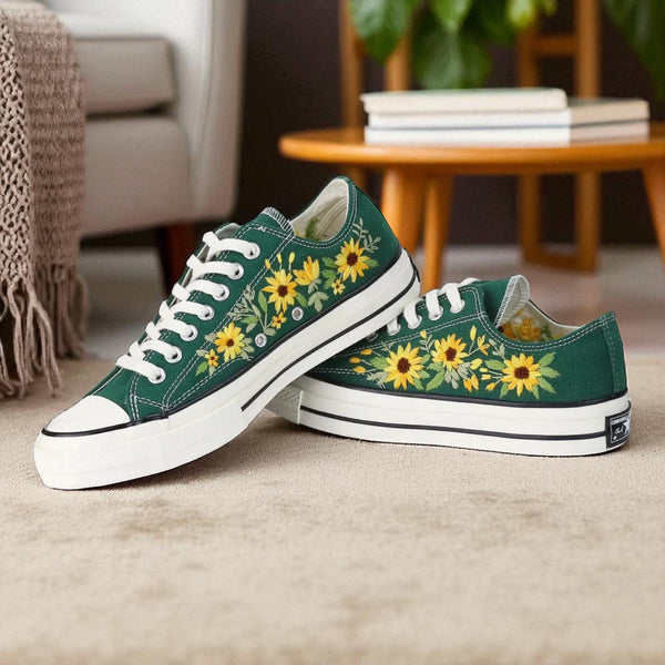 Stitchery Zone shoes for fall wedding Sunflower Embroidered Sneakers in green with yellow floral design
