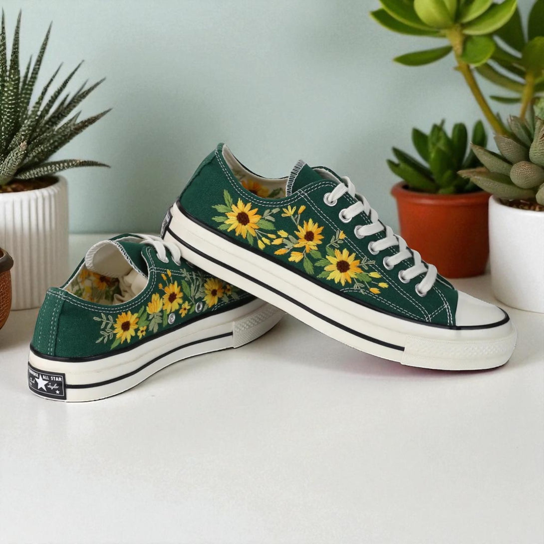 Stitchery Zone green shoes for fall wedding Sunflower Embroidered Sneakers with yellow floral design and white soles