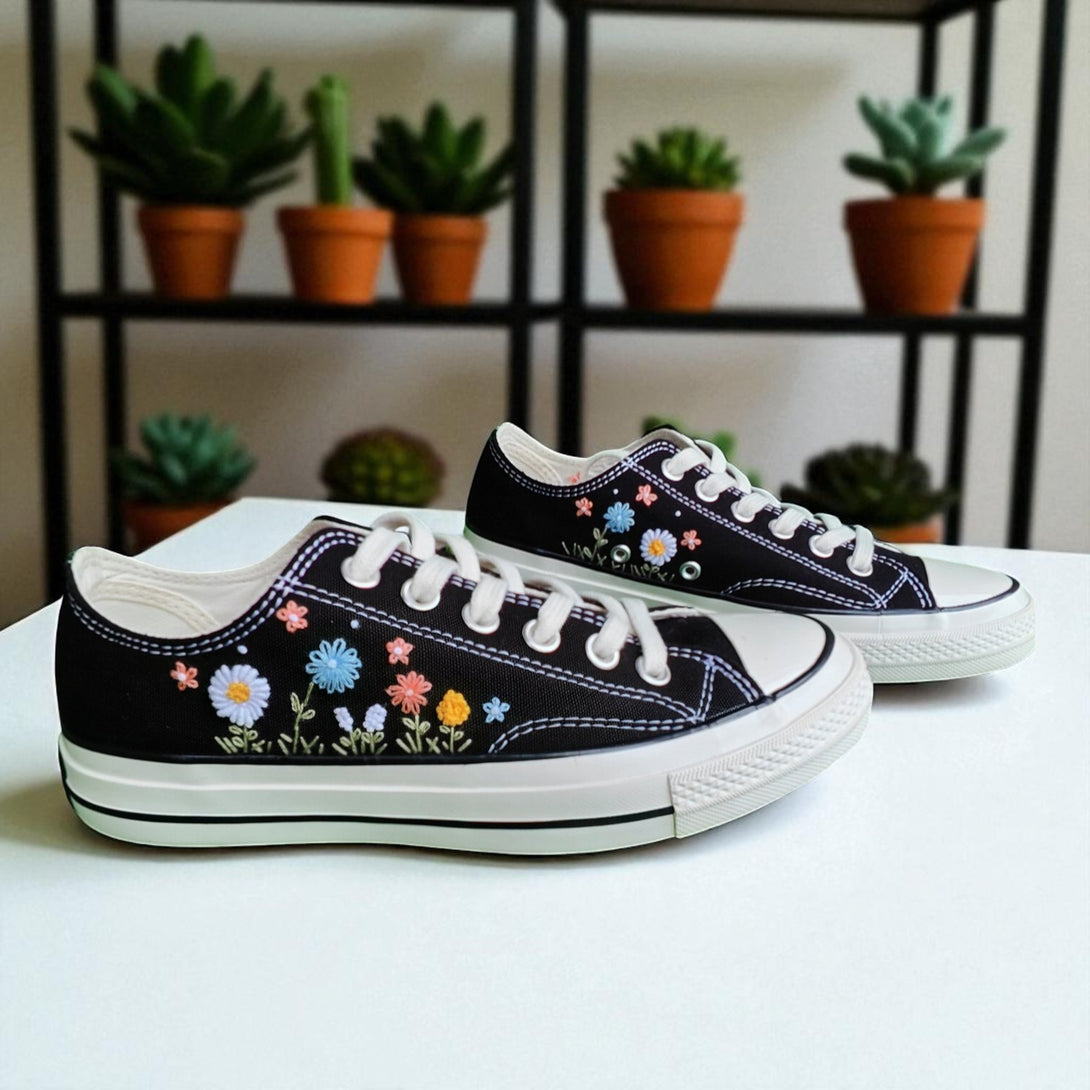 Stitchery Zone black embroidered shoes for wedding guests Custom Embroidered Floral pearl embroidery with colorful flower designs