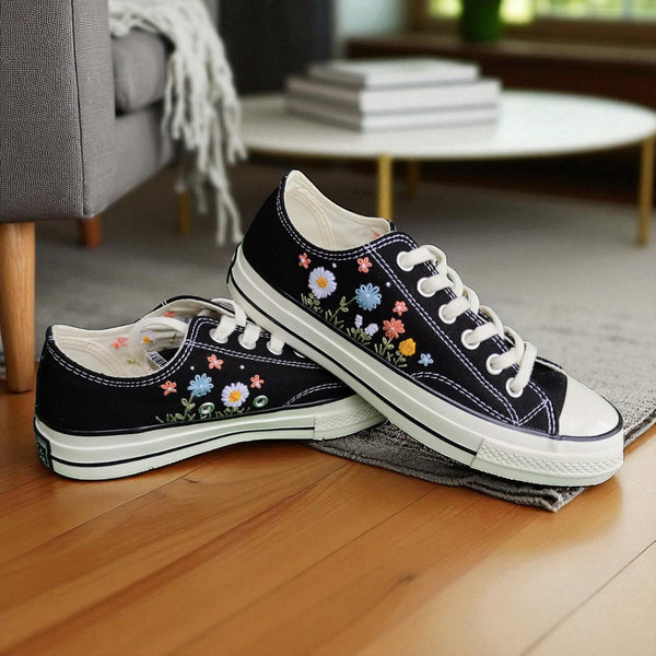 Shoes for wedding guests Custom Embroidered Floral pearl embroidery black canvas sneakers with colorful flower designs