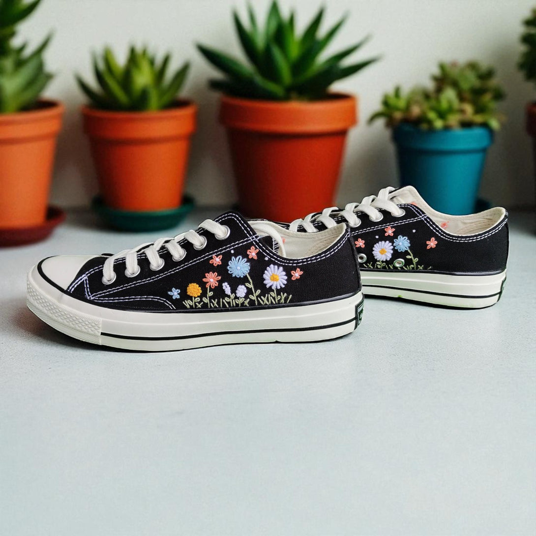 Stitchery Zone shoes for wedding guests Custom Embroidered Floral pearl embroidery on black canvas sneakers