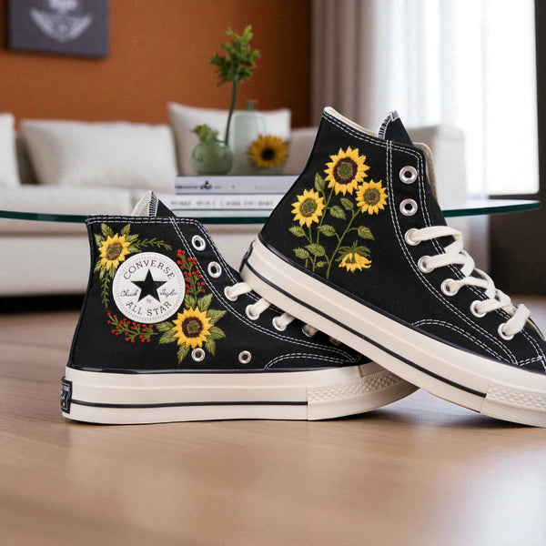 Black embroidered shoes for wedding ladies with sunflower design by Stitchery Zone