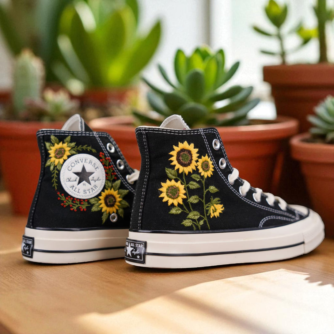 Stitchery Zone embroidered shoes for wedding ladies with sunflower design on black high-top canvas