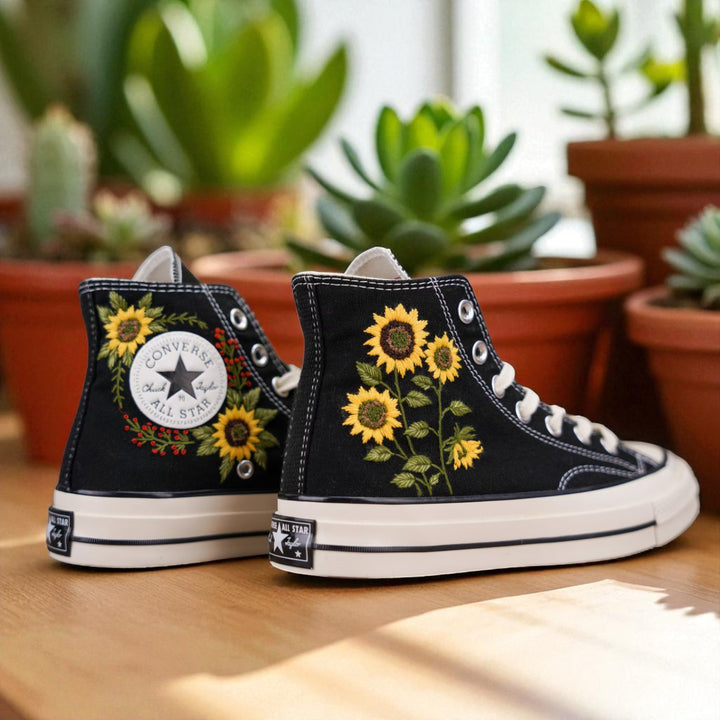 Stitchery Zone embroidered shoes for wedding ladies with sunflower design on black high-top canvas