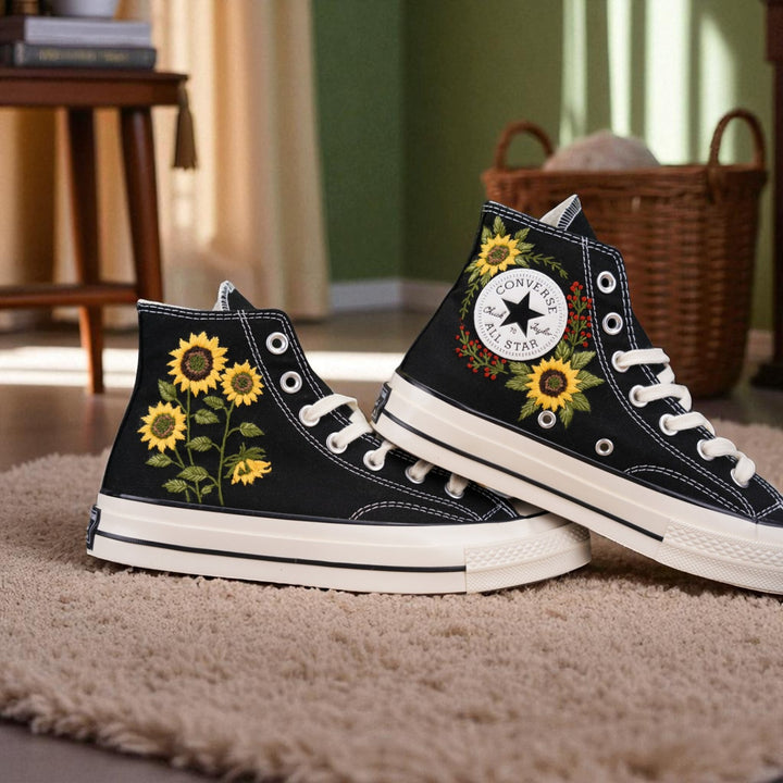 Stitchery Zone embroidered black high-top shoes for wedding ladies with sunflower design