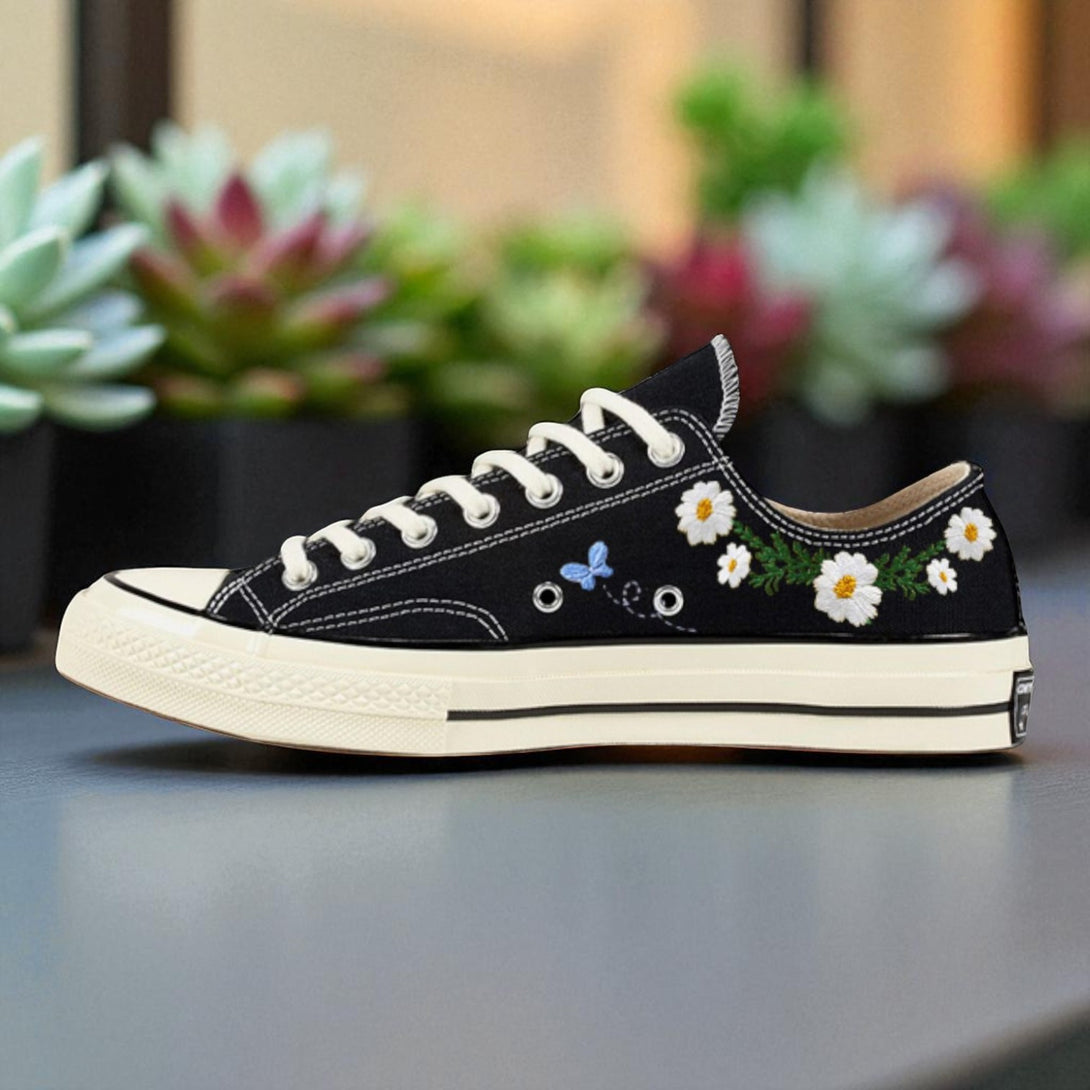 Stitchery Zone black embroidered shoes for wedding ladies Hand Embroidery Koala Converse with floral design