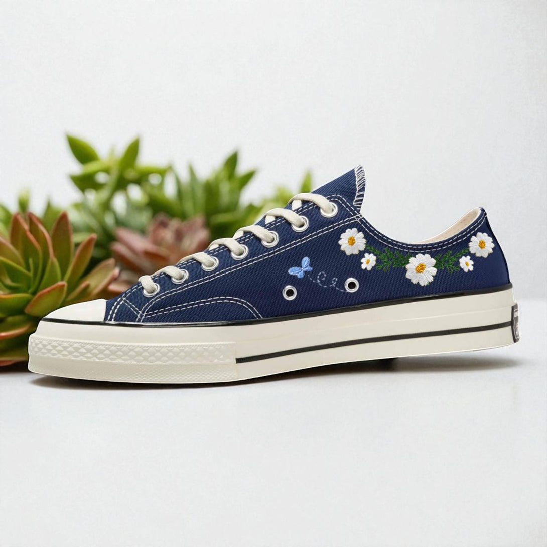 Stitchery Zone embroidered shoes for wedding ladies Hand Embroidery Koala Converse in navy with floral and butterfly designs