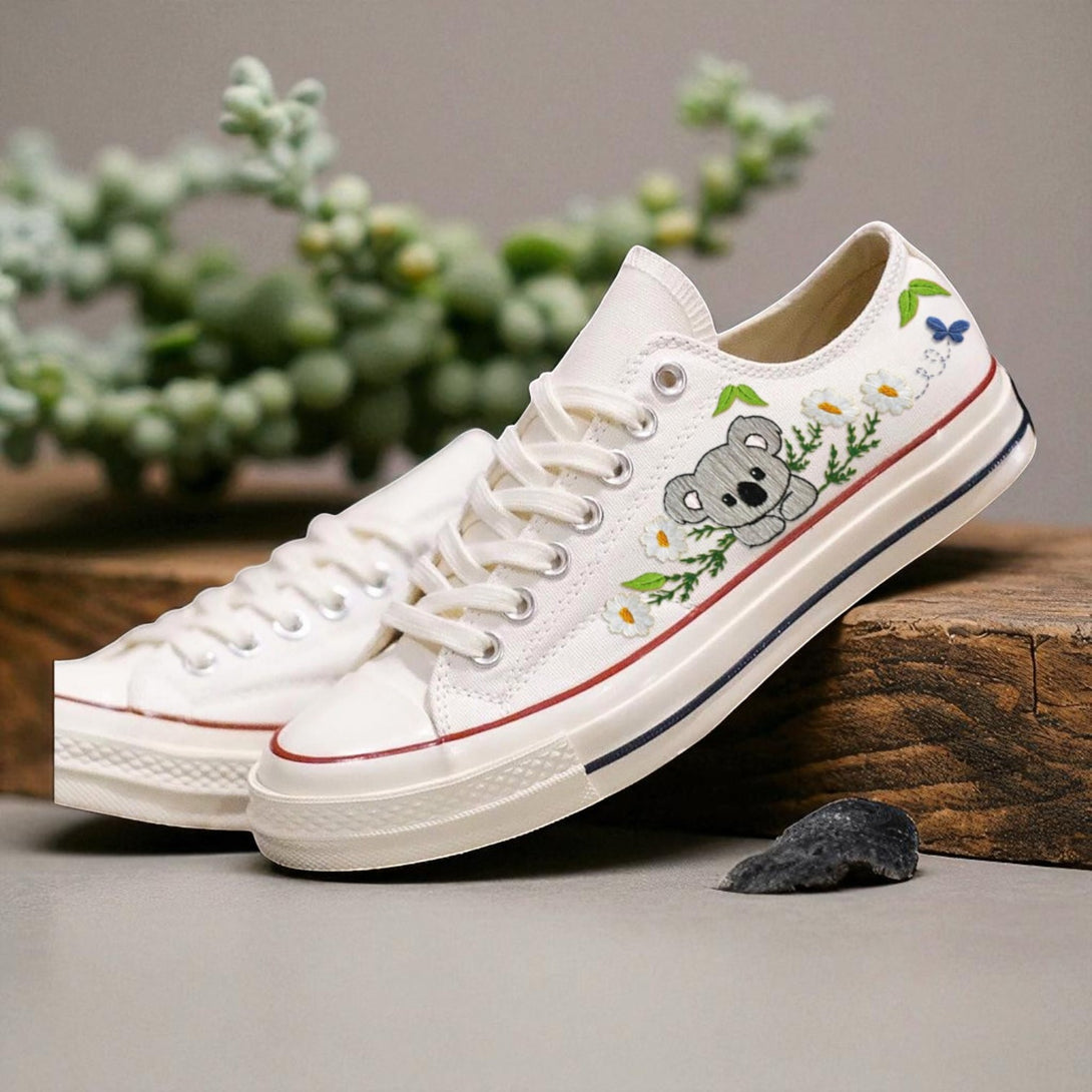 White embroidered shoes for wedding ladies Hand Embroidery Koala Converse with floral design and lace-up style