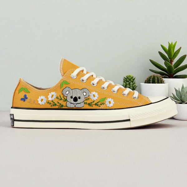 Yellow embroidered shoes for wedding ladies Hand Embroidery Koala Converse with floral design