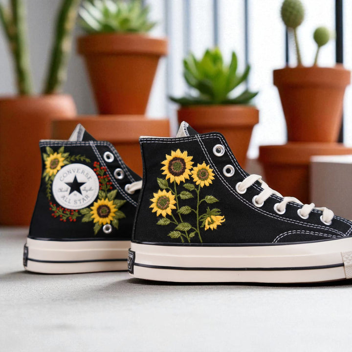 Stitchery Zone embroidered shoes for wedding ladies featuring black canvas with sunflower design