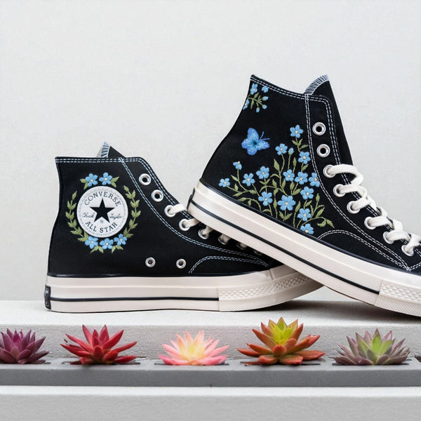 Stitchery Zone embroidered shoes for wedding mother of the bride with blue floral design on black high-top sneakers