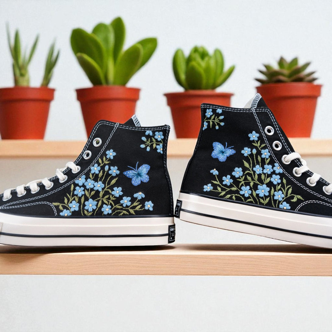 Stitchery Zone embroidered shoes for wedding mother of the bride with blue floral and butterfly design