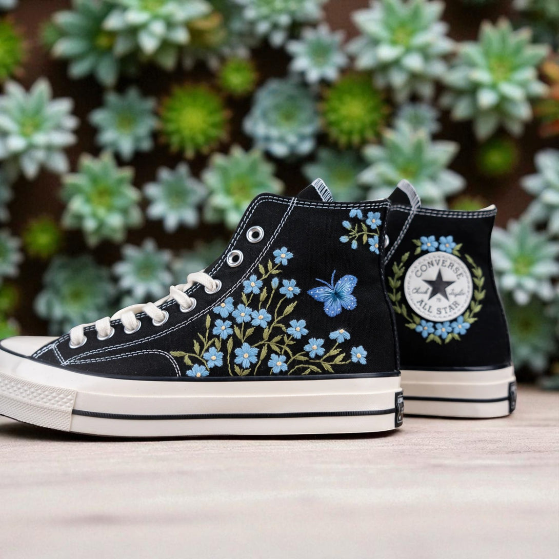 Stitchery Zone embroidered shoes for wedding mother of the bride featuring blue floral and butterfly design on black high-top sneakers