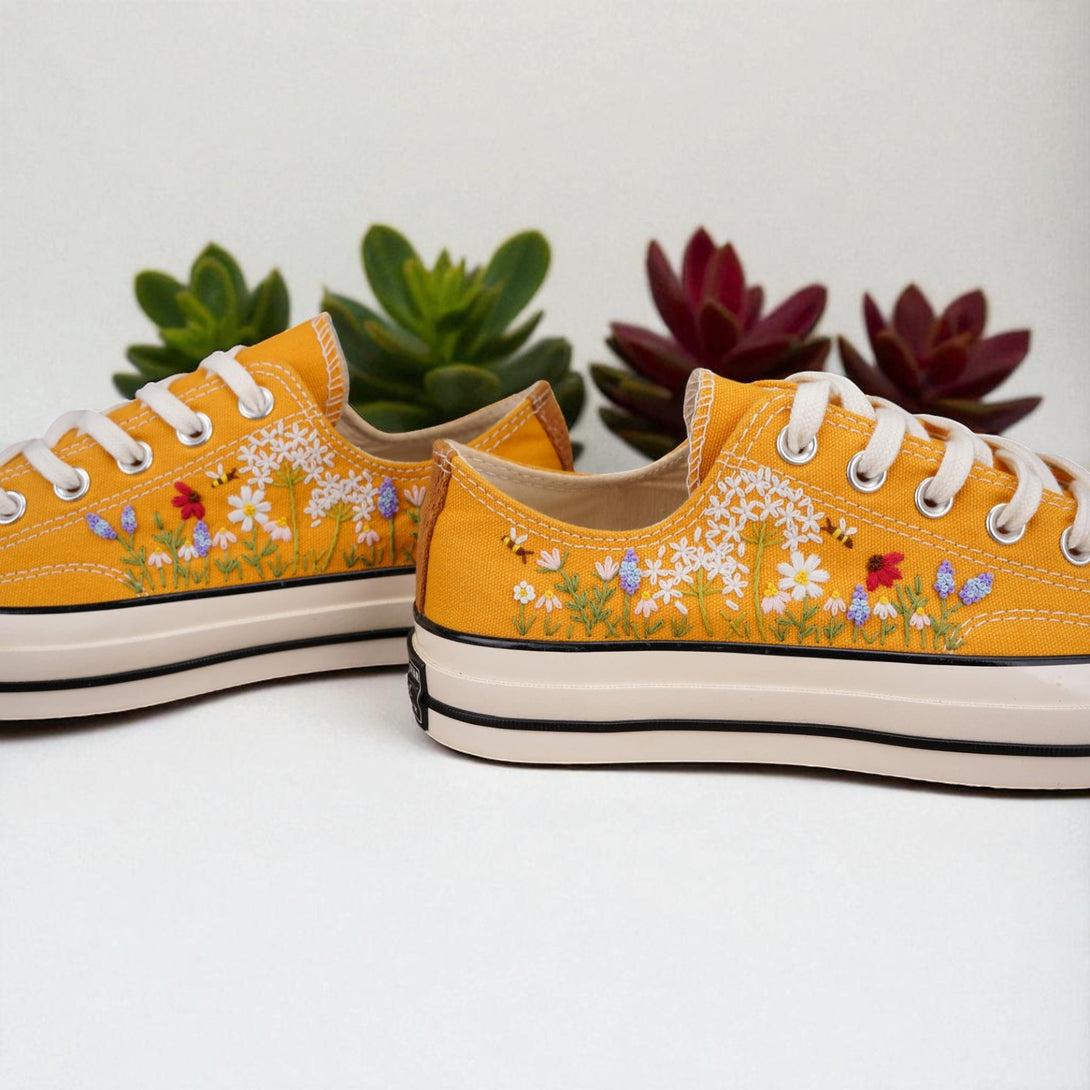 Stitchery Zone yellow embroidered shoes to wear for beach wedding Bridal Flowers Embroidered Shoes with white laces and floral design
