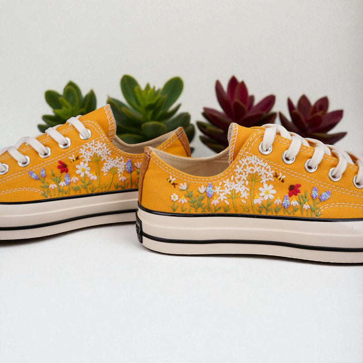 Stitchery Zone yellow embroidered shoes to wear for beach wedding Bridal Flowers Embroidered Shoes with white laces and floral design