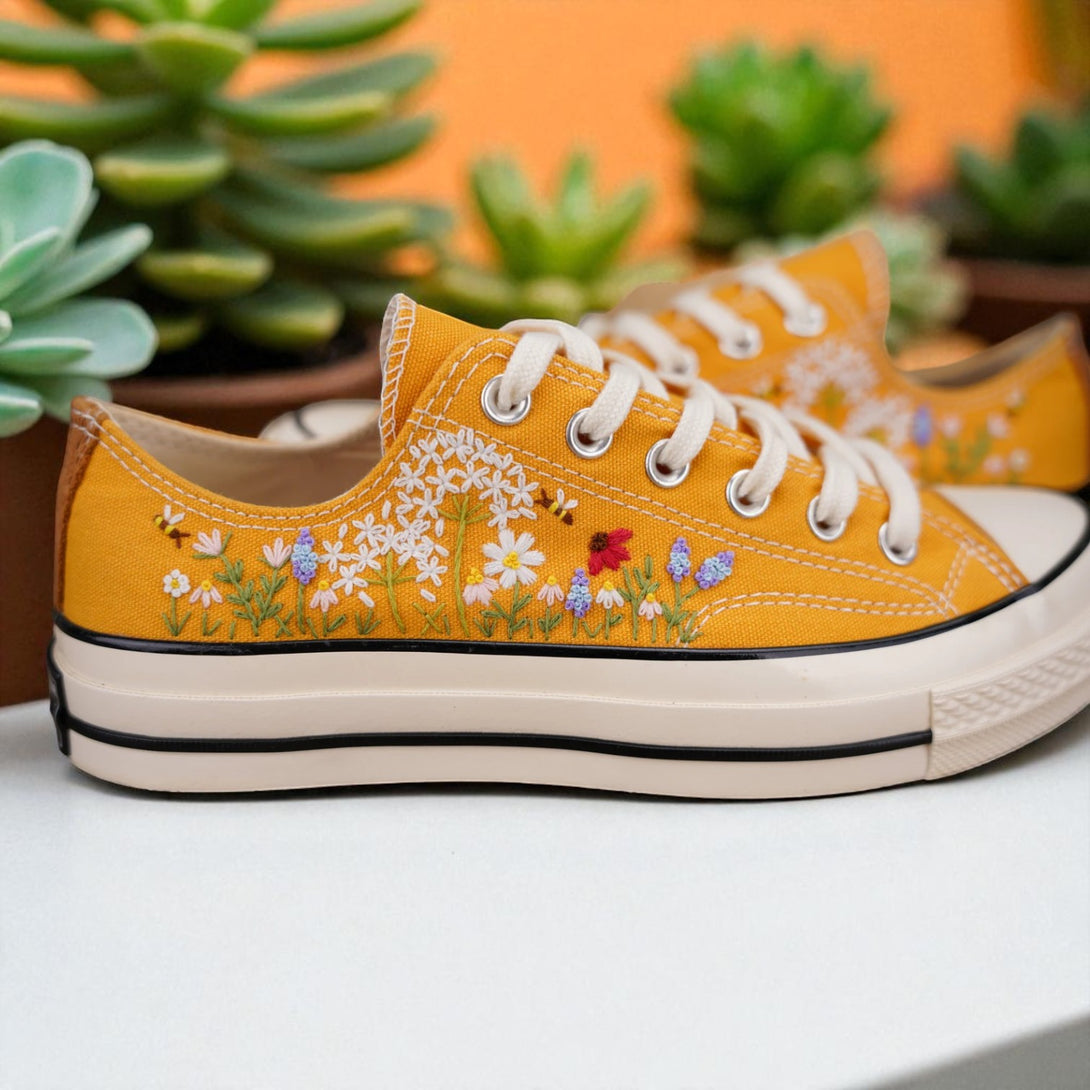 Stitchery Zone embroidered shoes to wear for beach wedding Bridal Flowers Embroidered Shoes in yellow with floral design