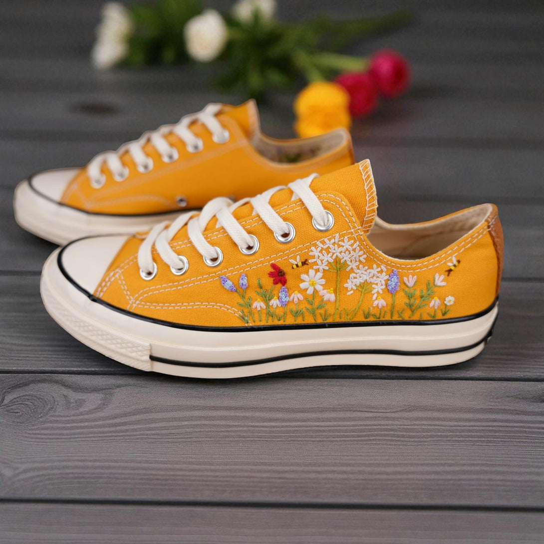 Yellow embroidered shoes to wear for beach wedding Bridal Flowers Embroidered Shoes by Stitchery Zone