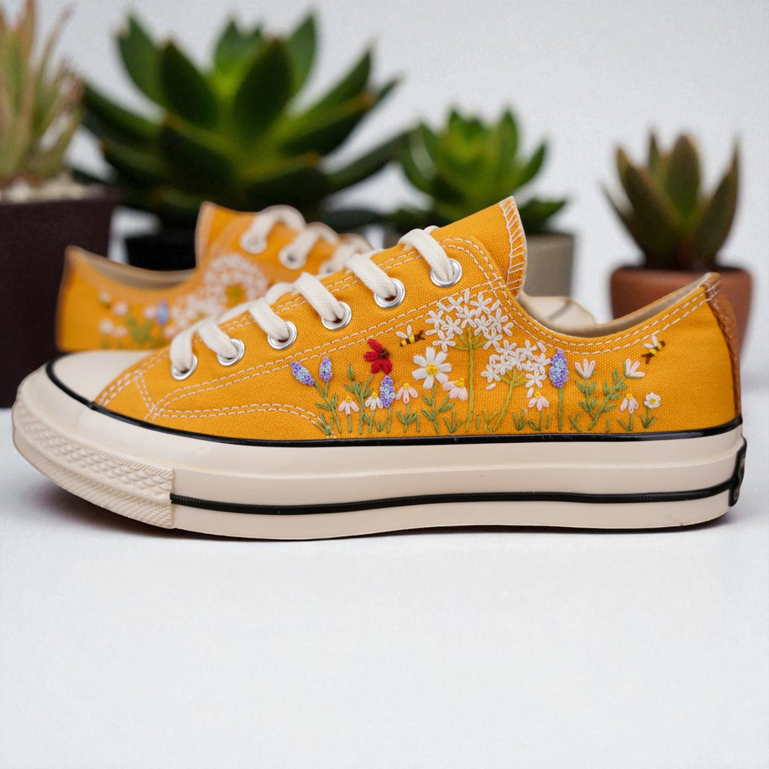 Yellow embroidered shoes to wear for beach wedding Bridal Flowers Embroidered Shoes with colorful floral design