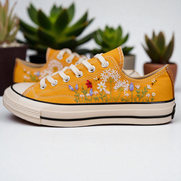 Yellow embroidered shoes to wear for beach wedding Bridal Flowers Embroidered Shoes with colorful floral design