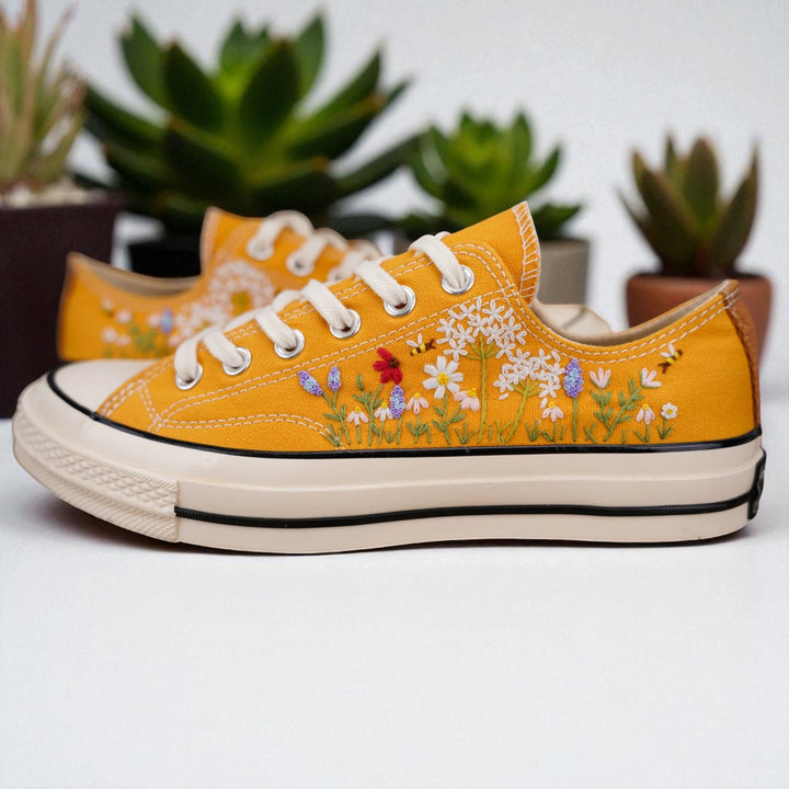 Yellow embroidered shoes to wear for beach wedding Bridal Flowers Embroidered Shoes with colorful floral design