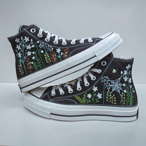 Black Spider Web Converse Adult shoes with floral embroidery on sides for a stylish look