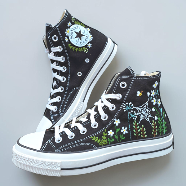 Black Spider Web Converse Adult shoes featuring floral embroidery and classic high-top design