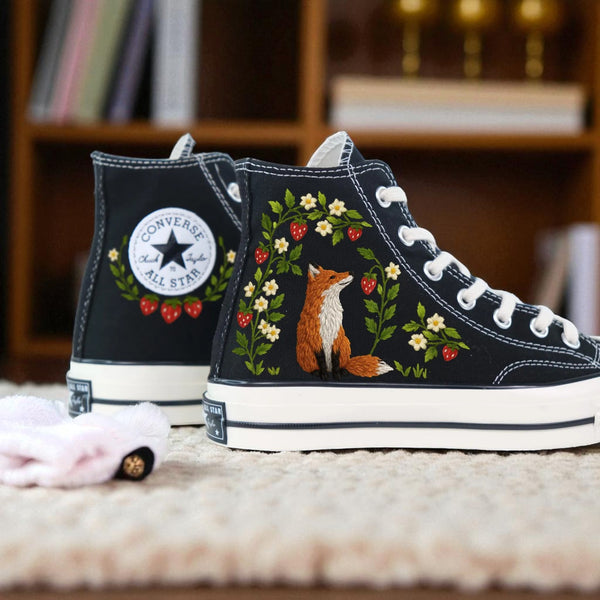 Strawberry Converse with Embroidered Fox and Floral Design on Black Canvas Shoes