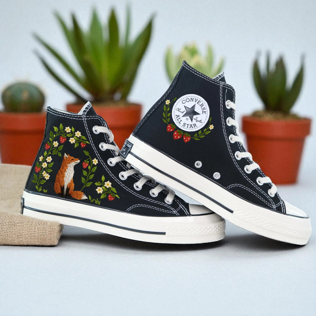 Stylish Strawberry Converse high-top shoes featuring colorful fox and floral embroidery