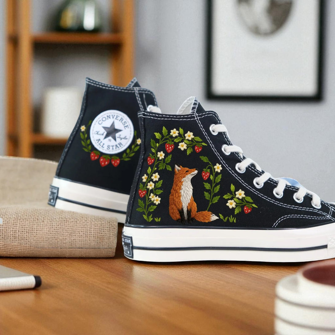 Strawberry Converse shoes with embroidered fox and floral designs on navy canvas