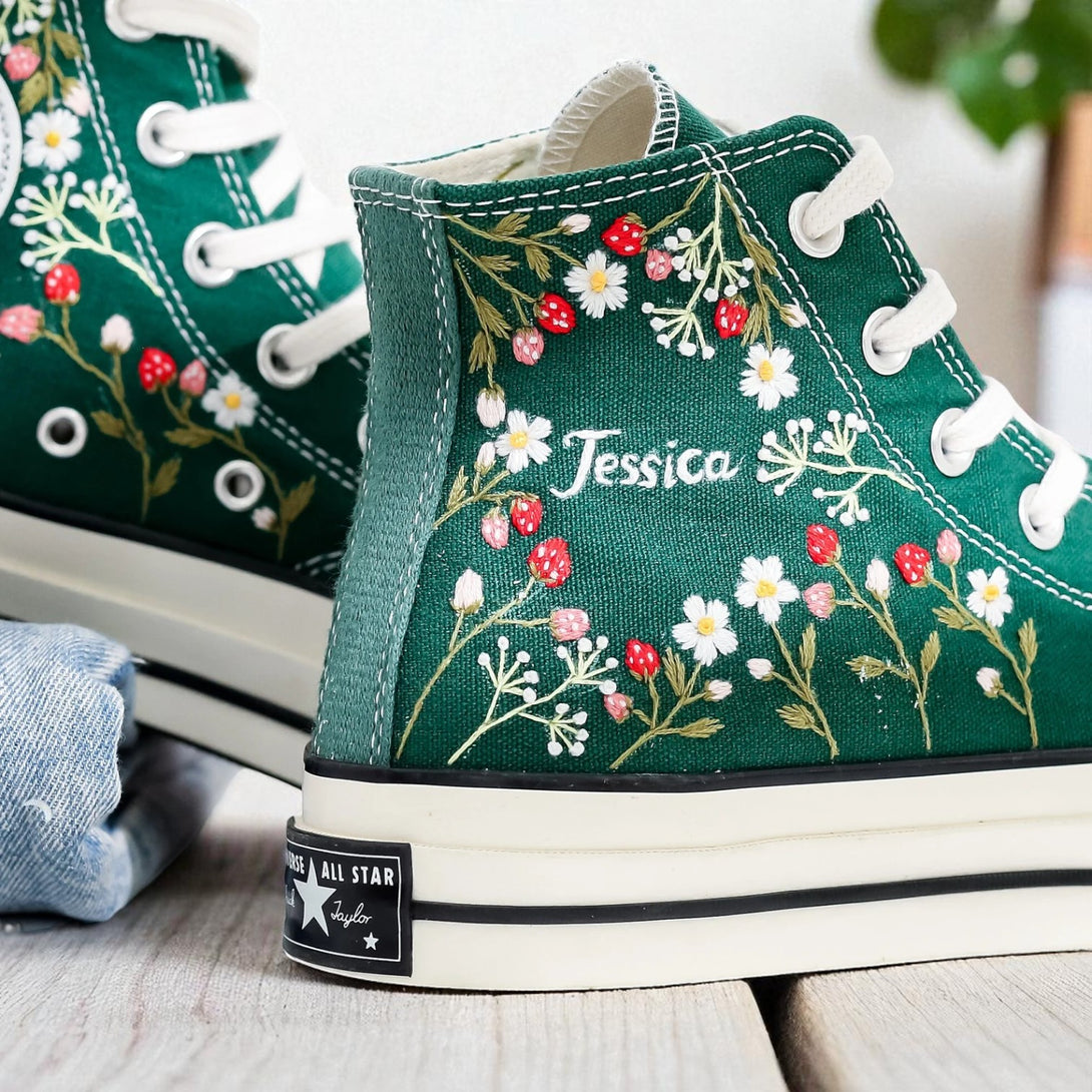 Stylish Strawberry Converse High Tops with Floral Embroidery and Custom Name Detail