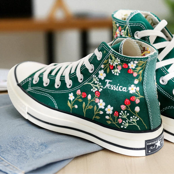 Stylish Strawberry Converse High Tops in Green with Embroidered Floral Design and Custom Name Detail