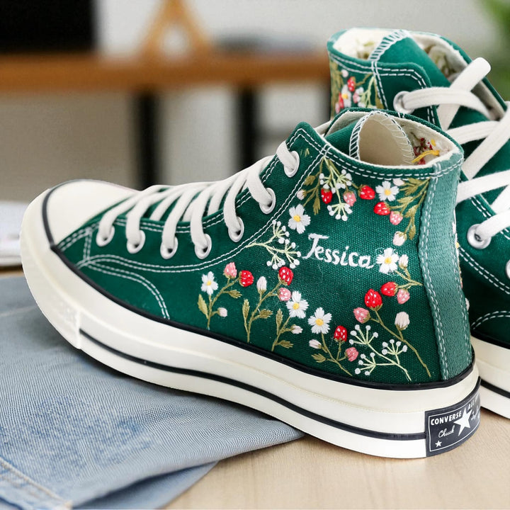 Stylish Strawberry Converse High Tops in Green with Embroidered Floral Design and Custom Name Detail