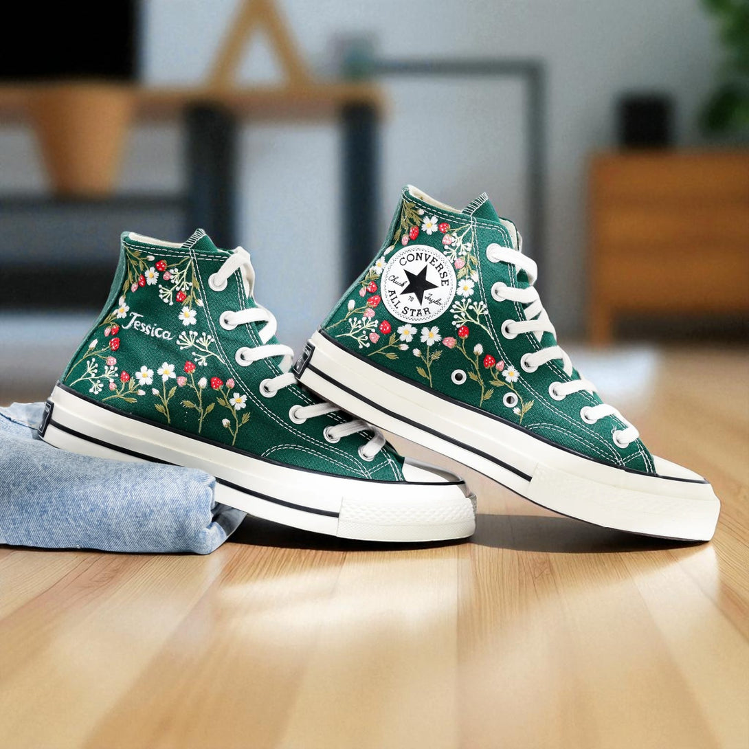 Strawberry Converse High Tops with Floral Embroidery for Stylish Footwear