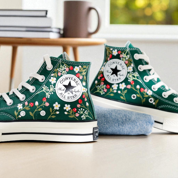 Strawberry Converse High Tops featuring floral embroidery on a green canvas design