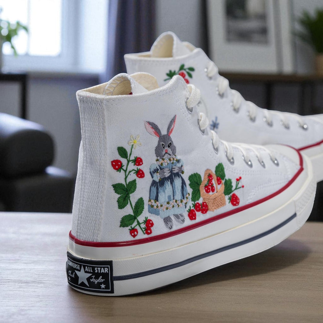 White Strawberry Converse with Embroidered Bunny and Strawberries for a Fun and Unique Style