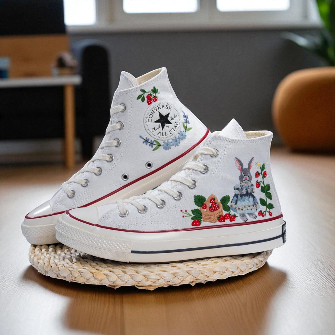 Stylish Strawberry Converse high-top shoes featuring embroidered bunny and floral designs